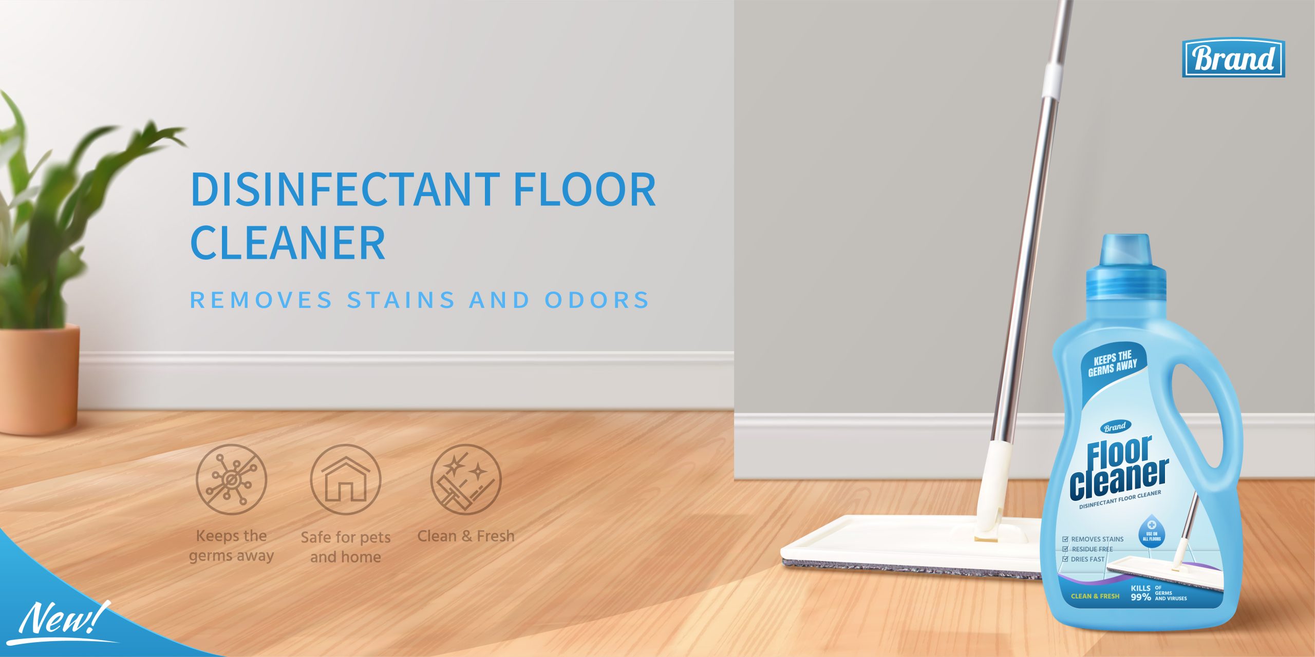 Floor cleaner ad banner in 3D design. Realistic package mock up with wet mop polishing the floor.