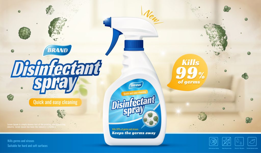 3d disinfectant spray ad template. Detergent spray bottle on blurry living room background with shield protecting against stubborn mold and germs.