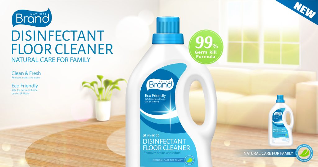 3d ad template for disinfectant floor cleaner or odor remover. Realistic plastic bottle packet over blurry living room background.