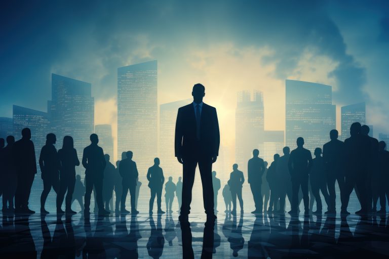 People dressed as business leaders standing together, in the style of flowing silhouettes, made of all of the above, use of light and shadow